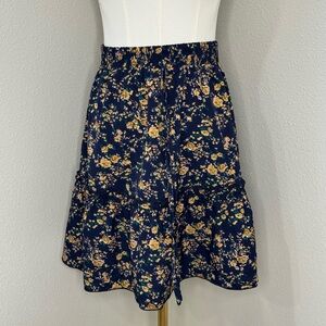 Cupshe Floral Tiered Mini Skirt Navy Yellow Boho Size XL NWT